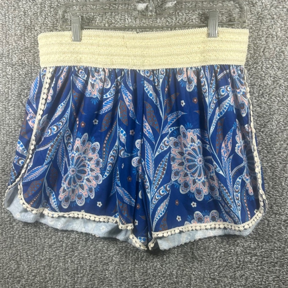Loveu.Dear Shorts Blue Paisley Boho Pom‎ Pom Trim Women 2XL